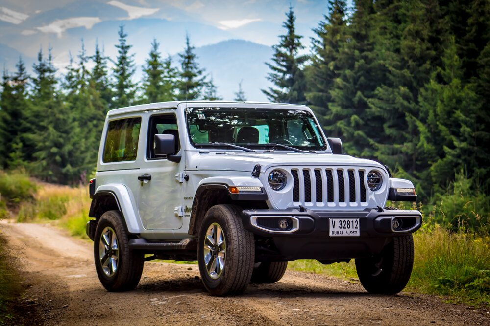 The 2019 Jeep Wrangler JL Sahara off road with mountains._shutterstock 1144561061
