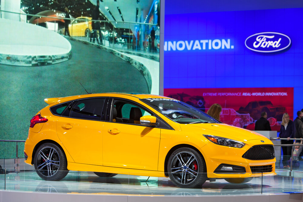 A Ford Focus hatchback on display January 15th, 2015 at the 2015 North American International Auto Show in Detroit, Michigan._shutterstock 244856821