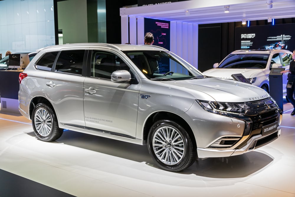 2020 Mitsubishi Outlander PHEV car model showcased at the Brussels Autosalon 2020 Motor Show.