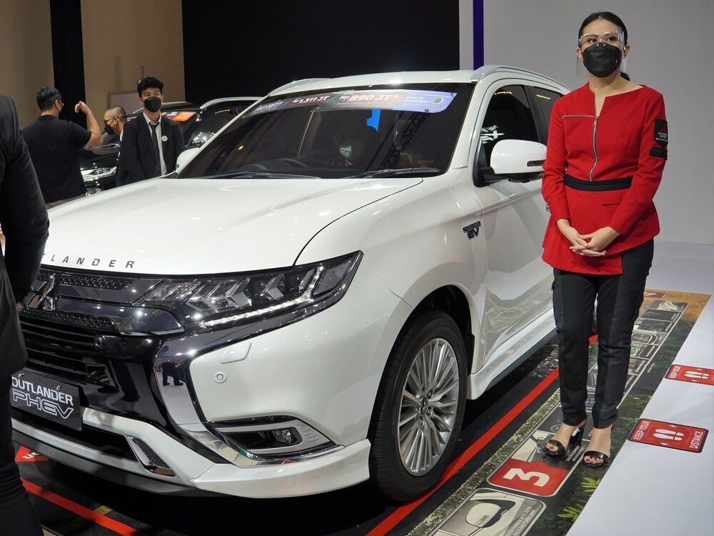 A Mitsubishi Outlander hybrid car is exhibited at the Jakarta Auto Week automotive event.