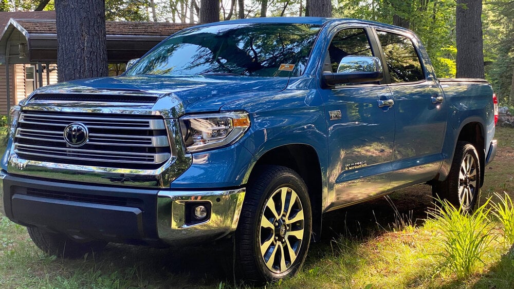 Hayward, WI USA July 17, 2020, Toyota Tundra Cavalier Blue by the cabin in Hayward, Wisconsin USA in the morning summer sunlight under the trees.