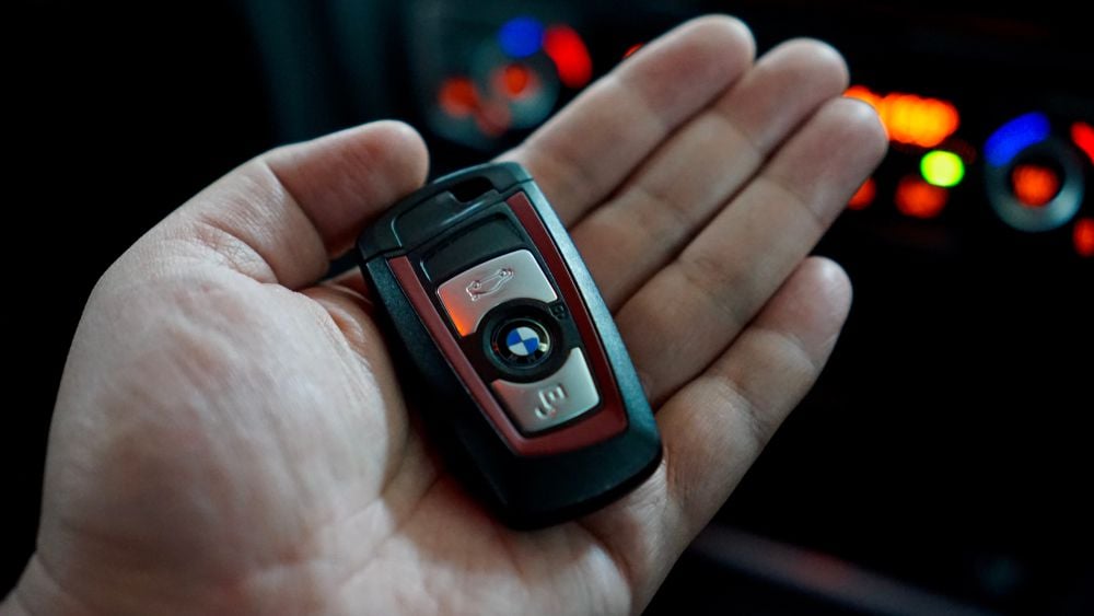 A BMW started by its key fob.