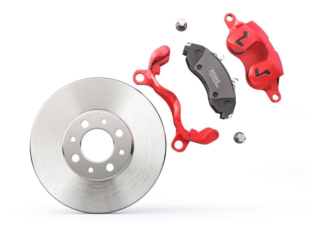 Rotor (grey metal), brake caliper (red), pad (dark grey metal)