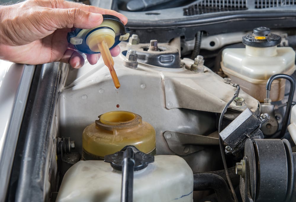 Checking the powers steering fluid level with the dipstick.