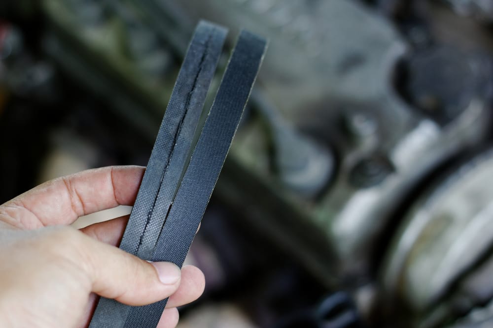 Damaged serpentine belt in the hand of a mechanic.