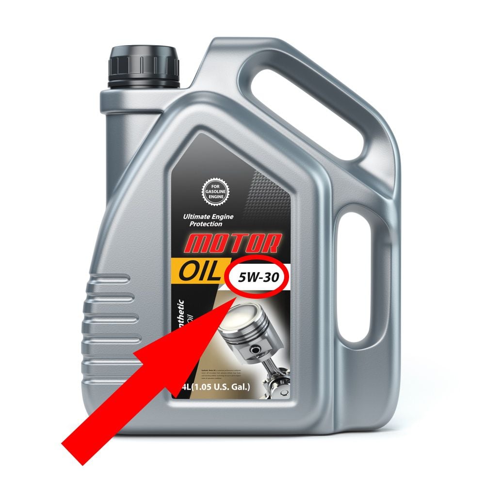 An engine oils viscosity is displayed prominantly on its container.