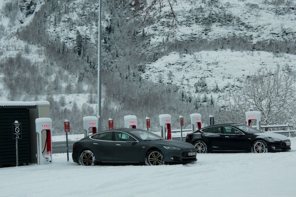Tesla charging in the snow