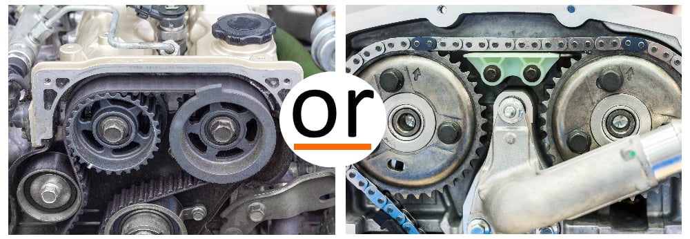 A timing belt on the left versus a timing chain on the right.